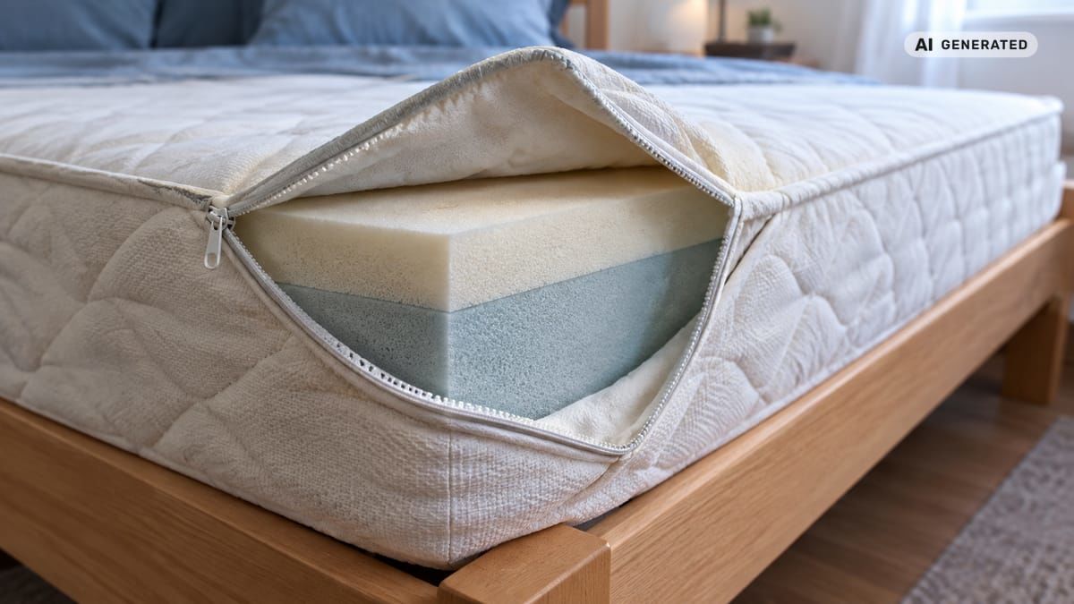 Detail rohu matraca ukazuje rozopnutý poťah, zips a penové vrstvy pod ním. (obrázok vytvorený AI)