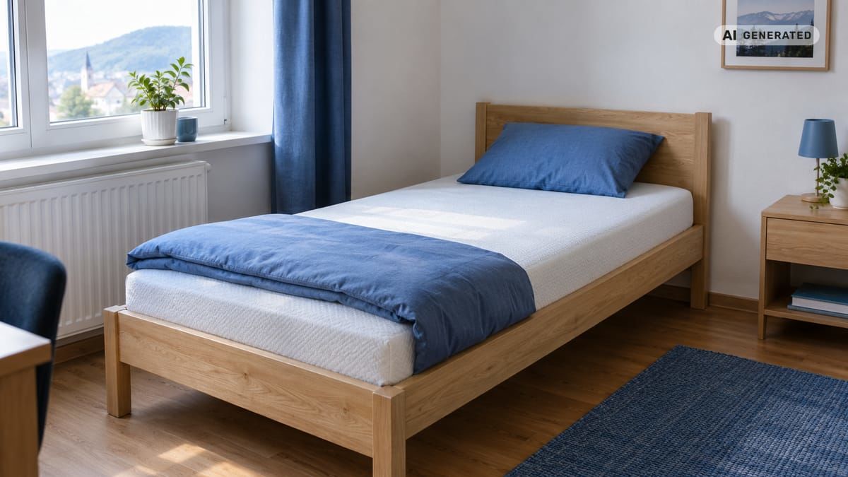 Jednolôžkový matrac 90 × 200 cm na jednoduchej posteli v svetlej spálni s modrou prikrývkou. (obrázok vytvorený AI)