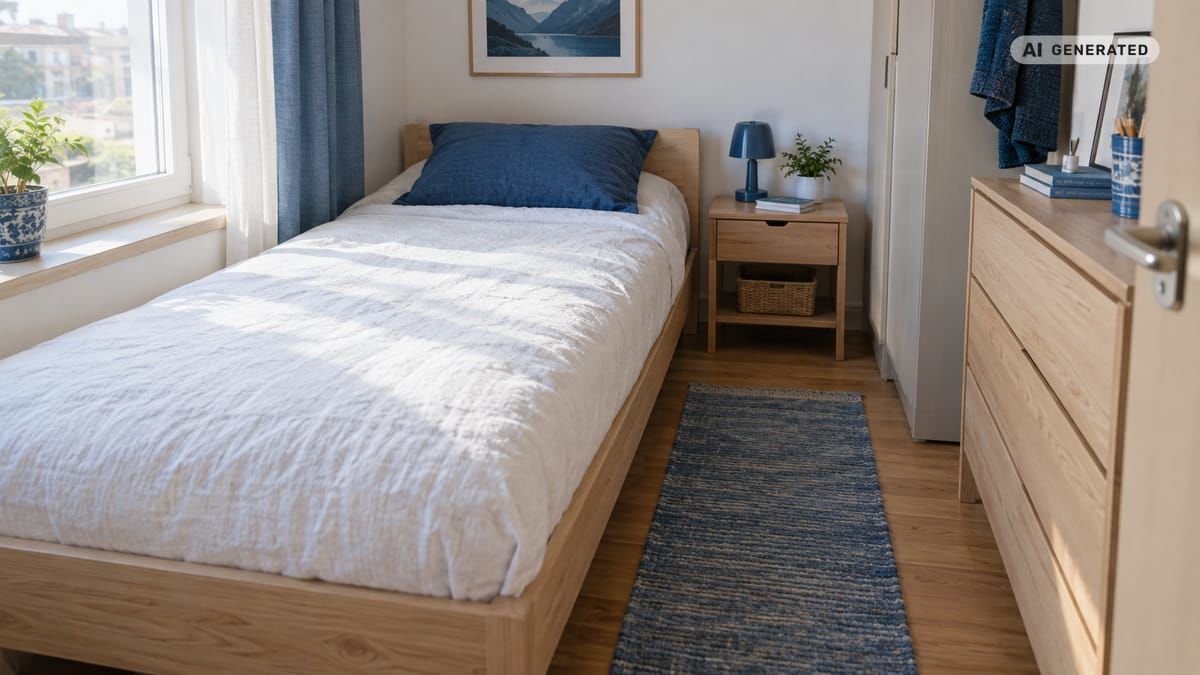 Úzky matrac 80 × 200 cm na jednolôžkovej posteli v kompaktnej spálni. (obrázok vytvorený AI)