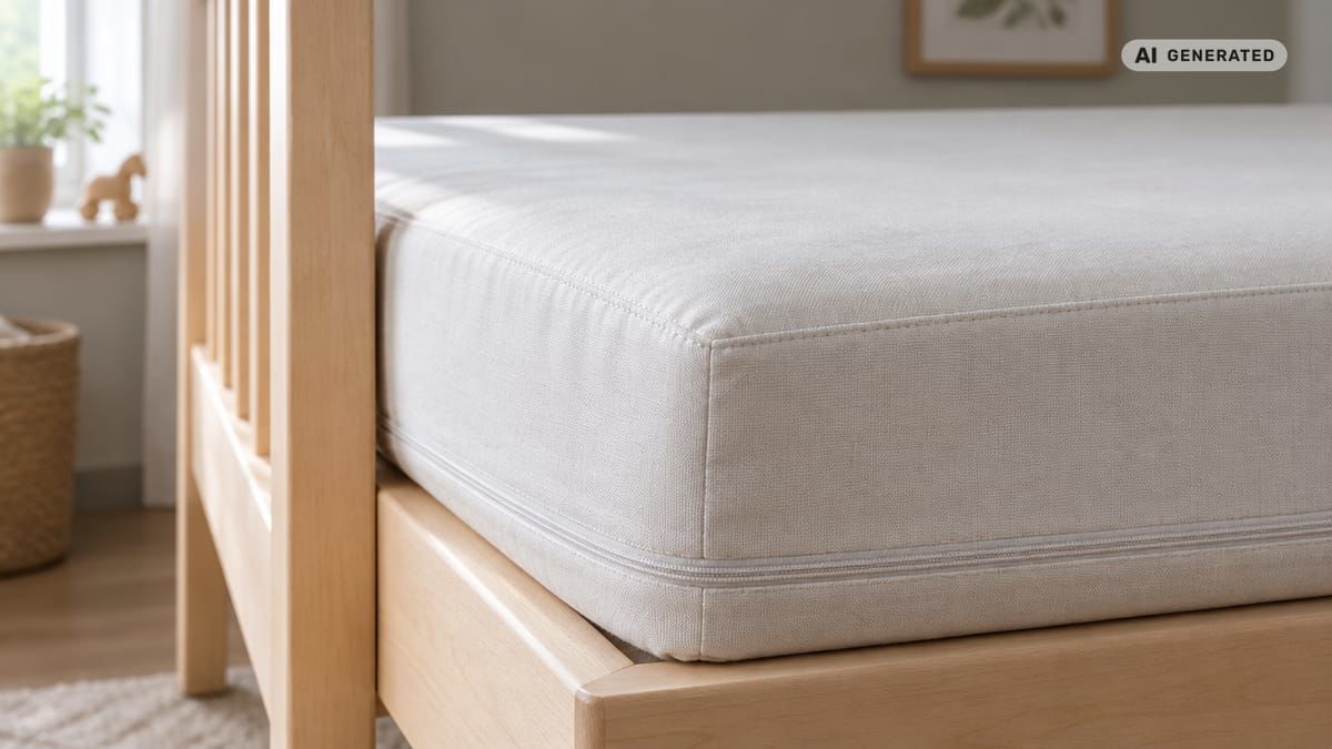 Detail rohu matraca ukazuje rovný poťah, pevné švy a zapnutý zips pri priečke postieľky. (obrázok vytvorený AI)