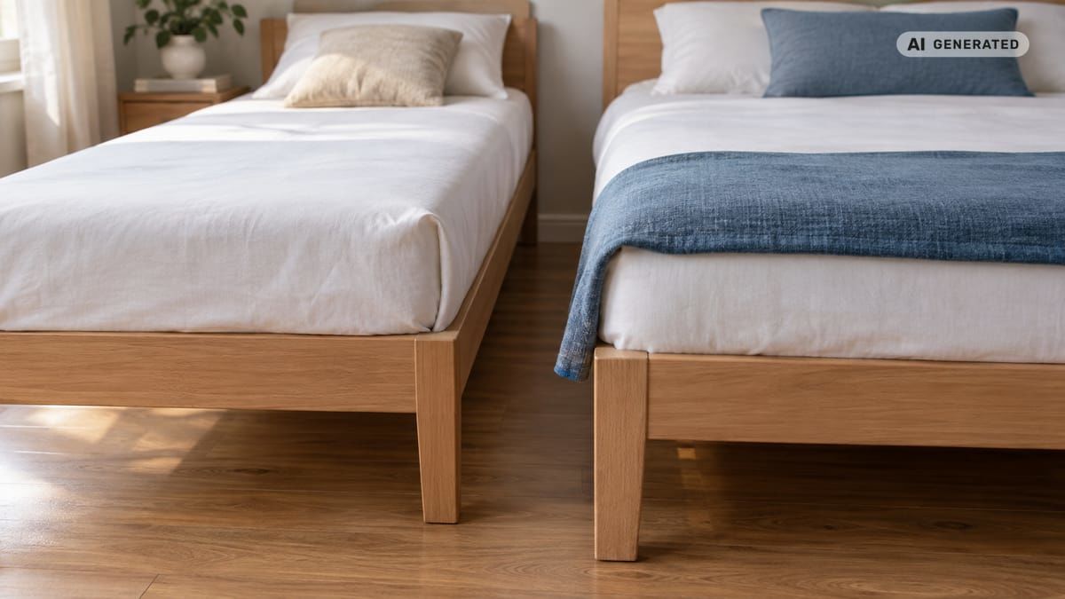 Dva vedľa seba stojace rámy ukazujú rozdiel medzi posteľou širokou 120 cm a širšou manželskou posteľou. (obrázok vytvorený AI)