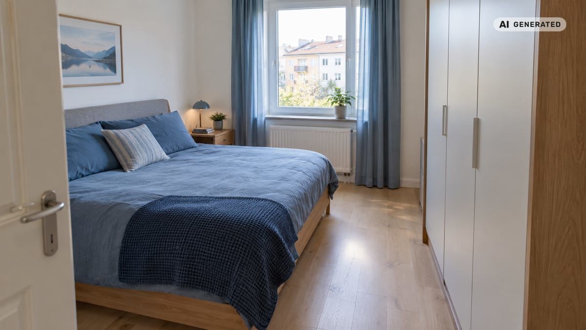 Menšia spálňa s posteľou širokou 140 cm má priechod k oknu aj priestor na nočný stolík. (obrázok vytvorený AI)