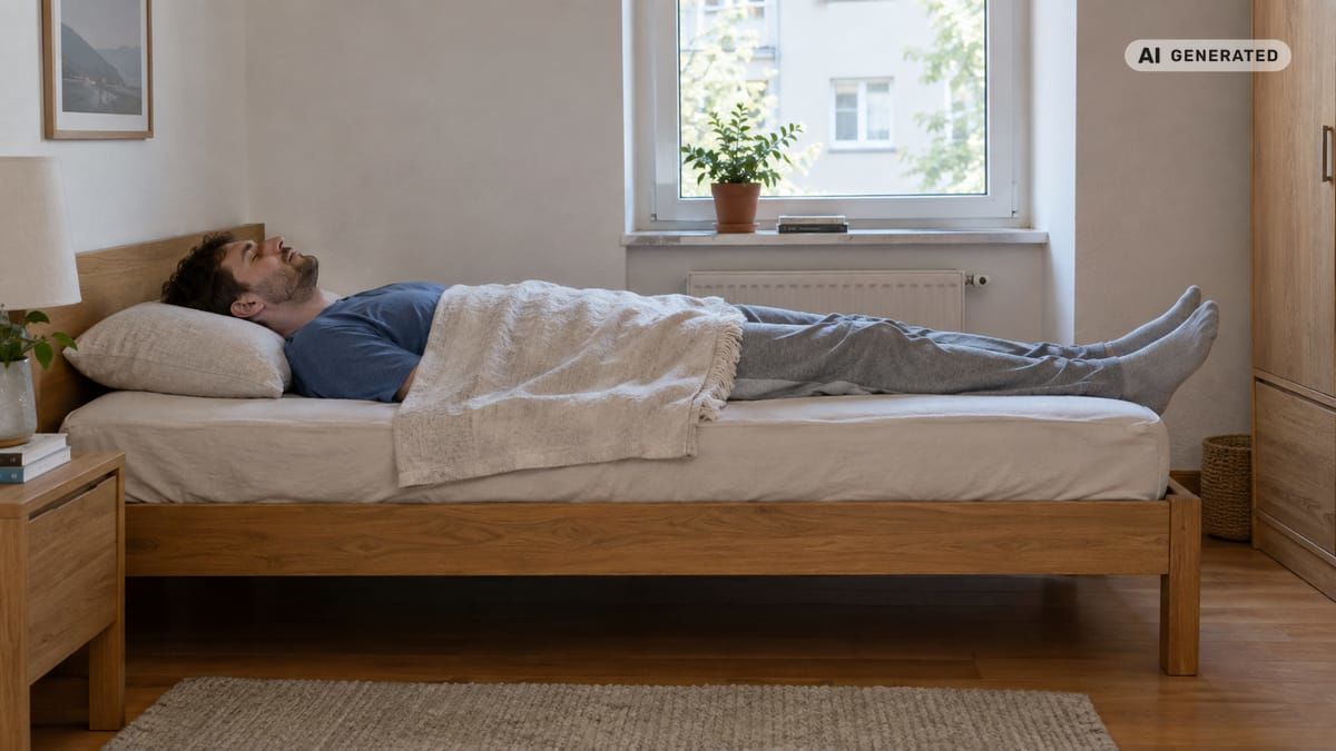 Vysoký človek odpočíva na dlhom jednolôžku s voľným miestom za chodidlami. (obrázok vytvorený AI)