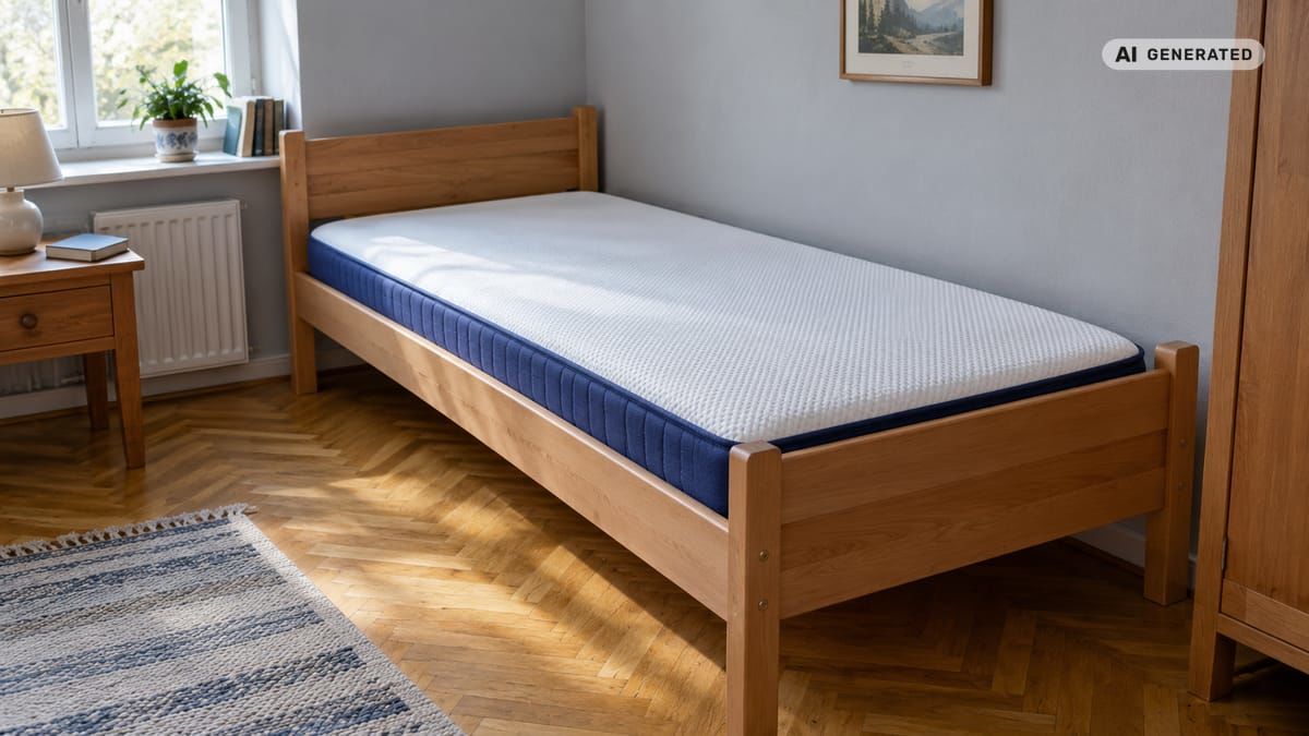 Matrac s modrým bočným poťahom presne zapadá do staršej úzkej drevenej postele. (obrázok vytvorený AI)
