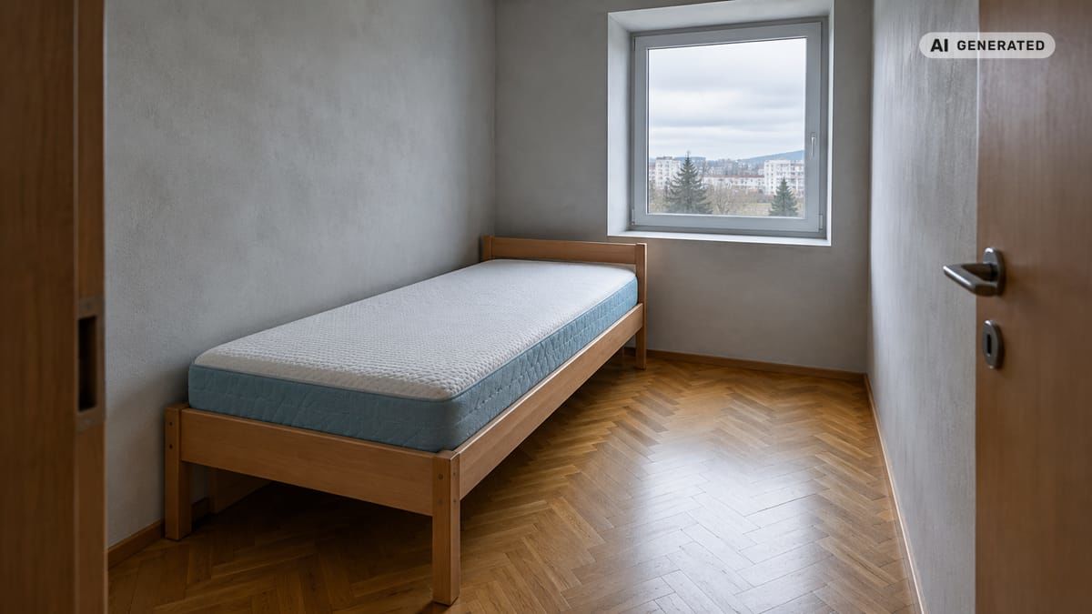 Úzka posteľ s matracom je umiestnená pri stene malej hosťovskej izby s voľným priechodom. (obrázok vytvorený AI)