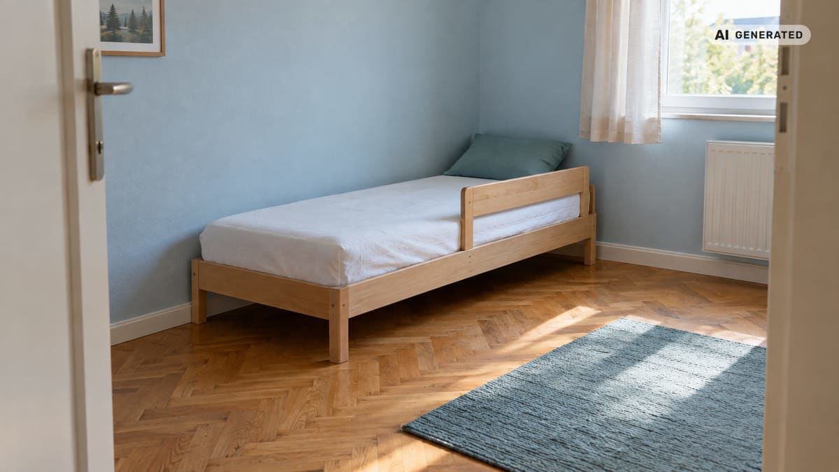 Nízka detská posteľ s bočnou zábranou a matracom v malej izbe s voľným priestorom na podlahe. (obrázok vytvorený AI)