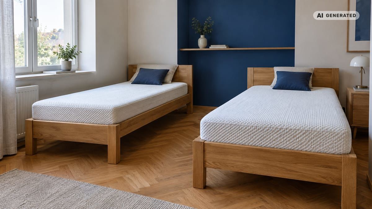 Dva kratšie matrace široké 80 a 90 cm sú uložené v dubových rámoch postelí. (obrázok vytvorený AI)
