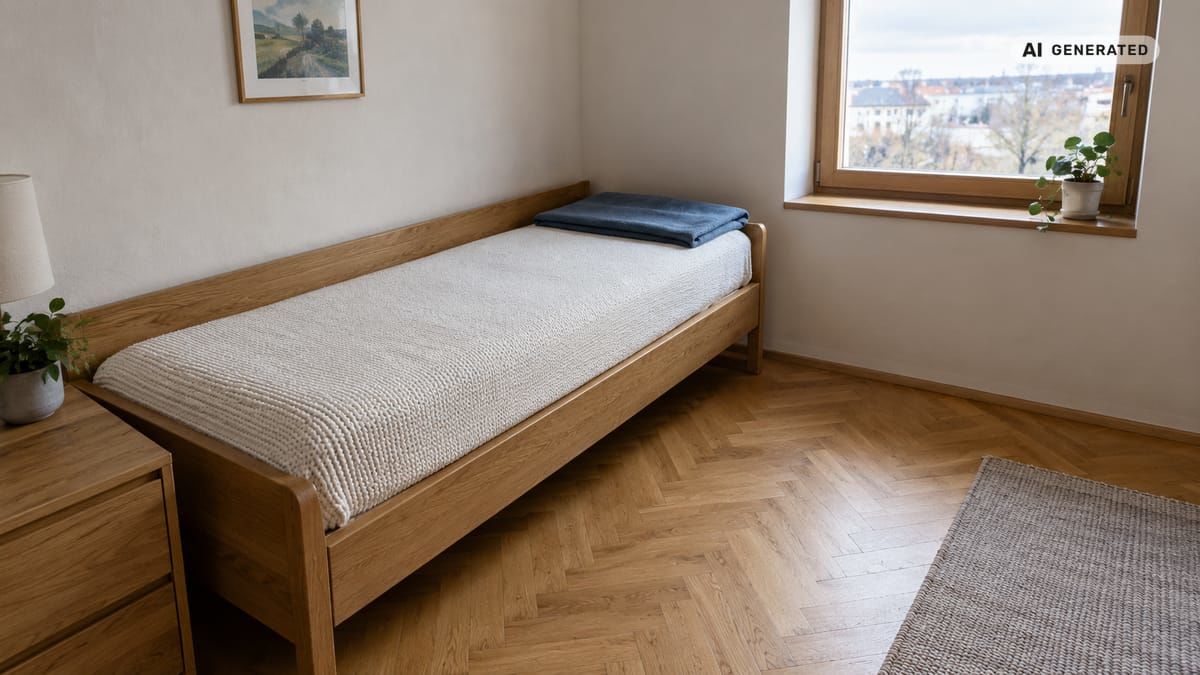 Krátka posteľ s matracom pri stene ponecháva voľný priechod v malej hosťovskej izbe. (obrázok vytvorený AI)