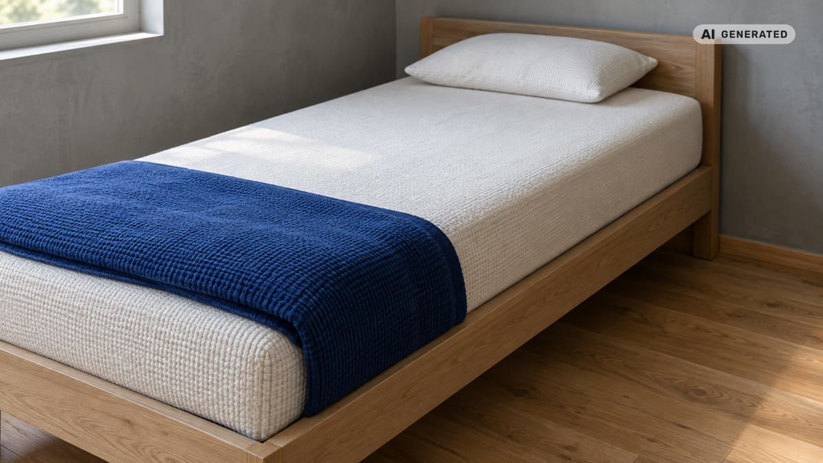 Širší matrac 90 × 210 cm s vankúšom a zloženou modrou prikrývkou na jednolôžku. (obrázok vytvorený AI)