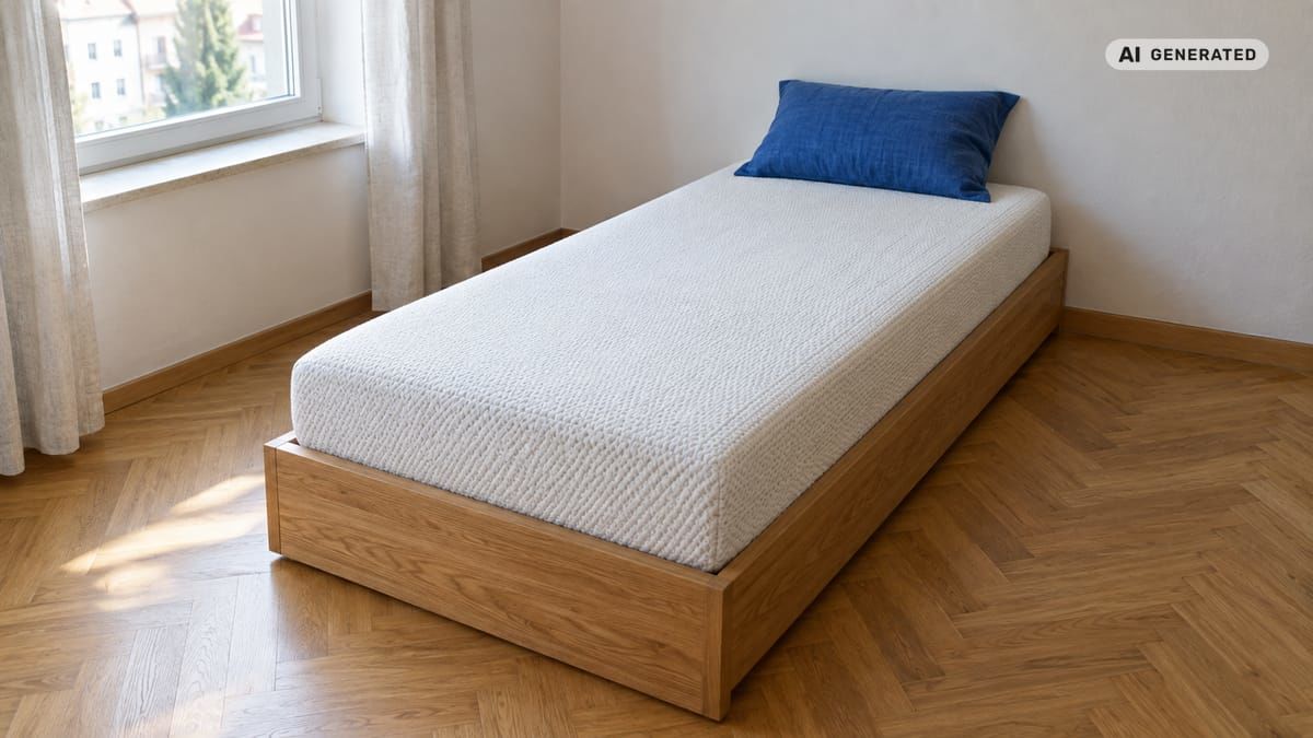 Matrac široký 100 cm na dubovej jednolôžkovej posteli s modrým vankúšom v svetlej spálni. (obrázok vytvorený AI)