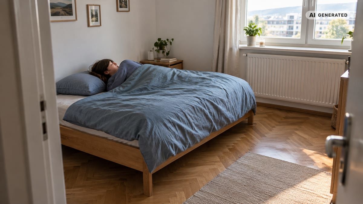 Dospelý odpočíva na širšom jednolôžku s modrou prikrývkou v kompaktnej spálni. (obrázok vytvorený AI)