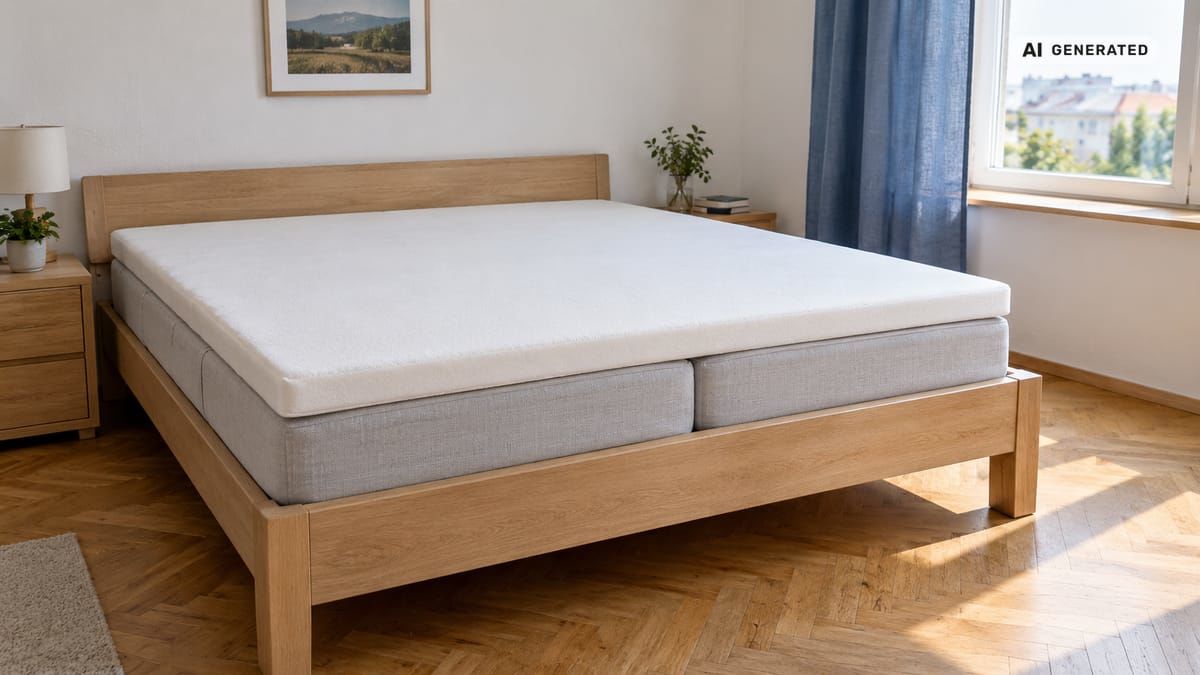 Súvislý topper prekrýva dva samostatné matrace na drevenej manželskej posteli. (obrázok vytvorený AI)