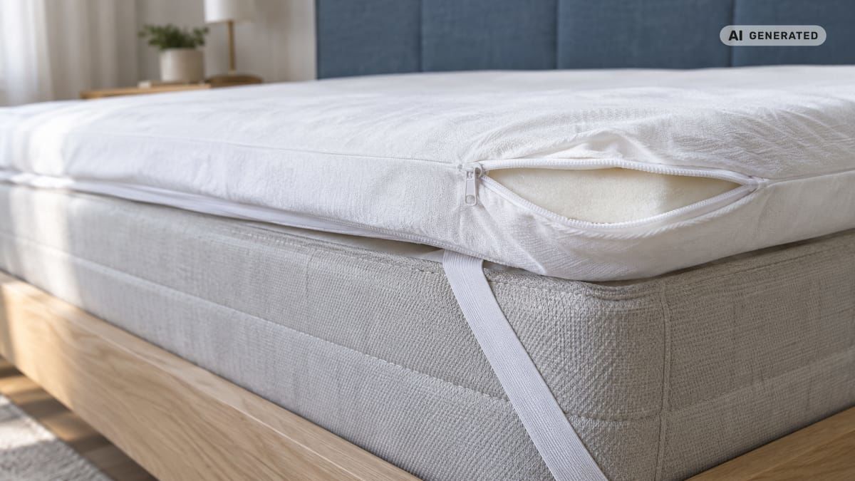 Detail zipsu odnímateľného poťahu a elastického popruhu, ktorý drží topper na matraci. (obrázok vytvorený AI)