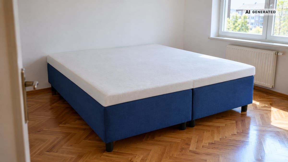 Spoločný topper prekrýva dva matrace vedľa seba a vytvára súvislú plochu na manželskej posteli. (obrázok vytvorený AI)