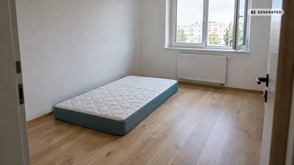 Samostatný matrac leží priamo na podlahe jednoduchej spálne s voľným priestorom okolo. (obrázok vytvorený AI)