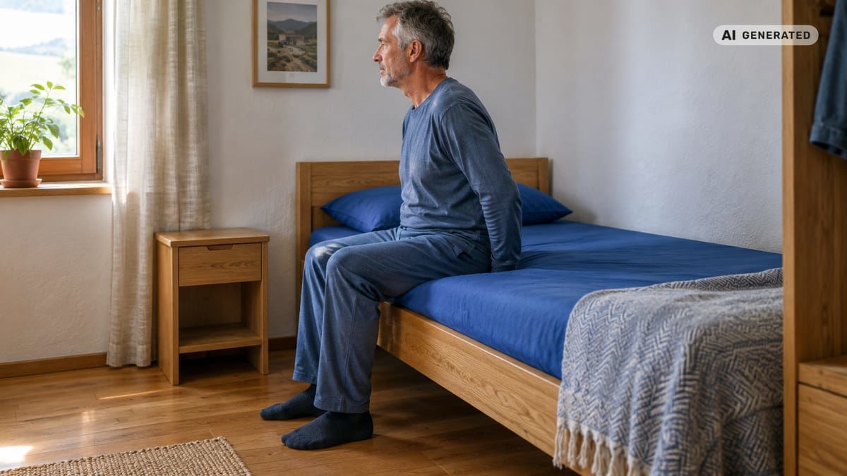 Senior sedí na okraji vyššej dubovej postele s nohami na podlahe a nočným stolíkom vedľa. (obrázok vytvorený AI)