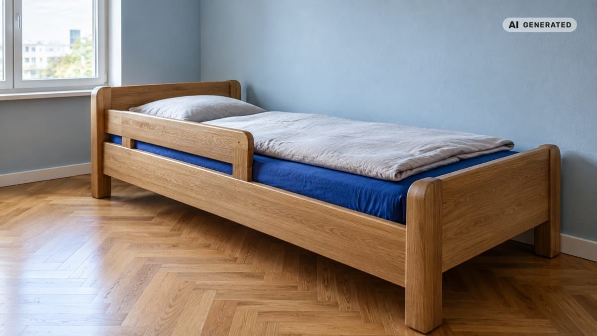 Detská posteľ z masívneho dubu s odnímateľnou zábranou a modrou posteľnou bielizňou v svetlej izbe. (obrázok vytvorený AI)