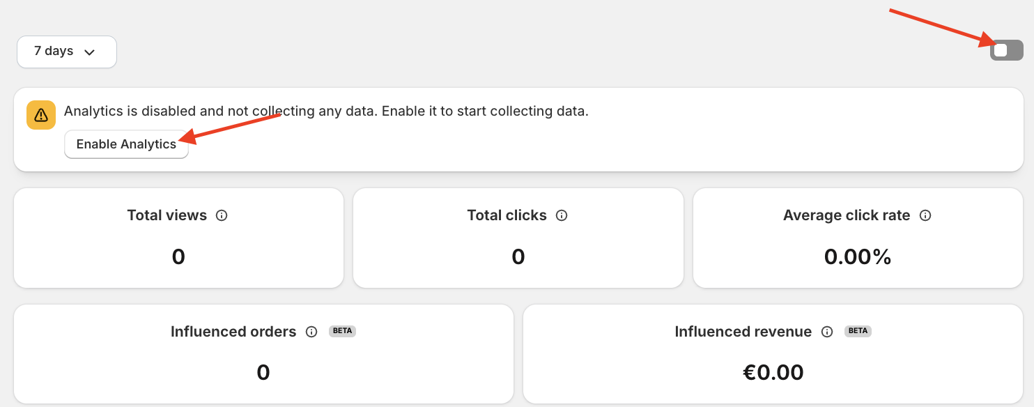 Screenshot of the Instafeed Analytics page with the Enable Analytics toggle and button highlighted.
