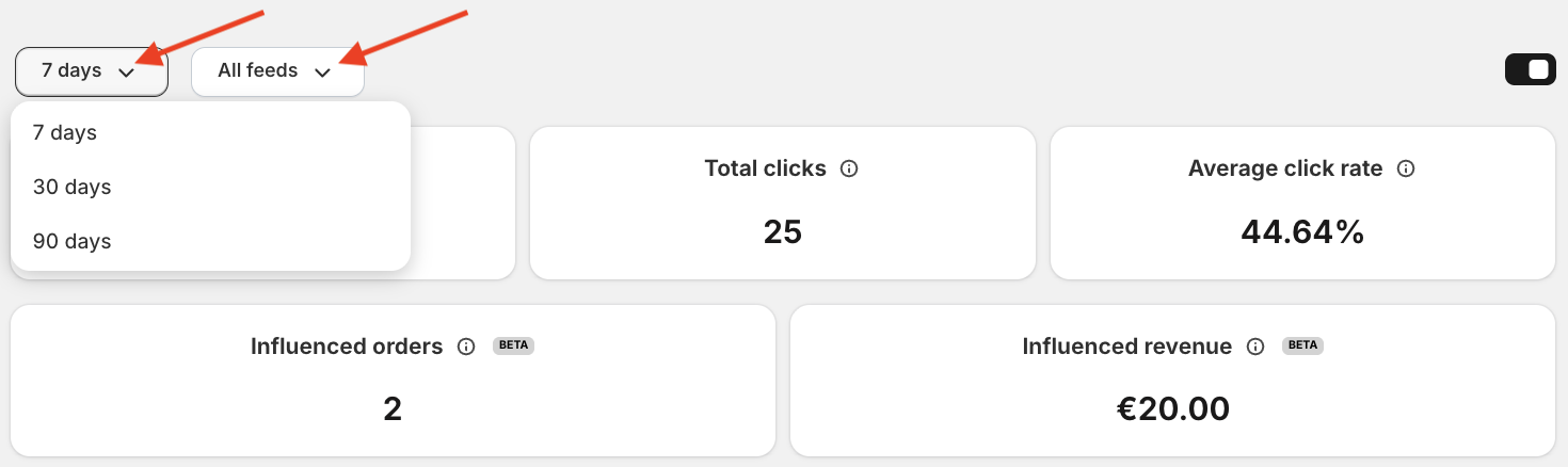 Screenshot of the Instafeed Analytics page showing the date range and feed filter dropdowns.