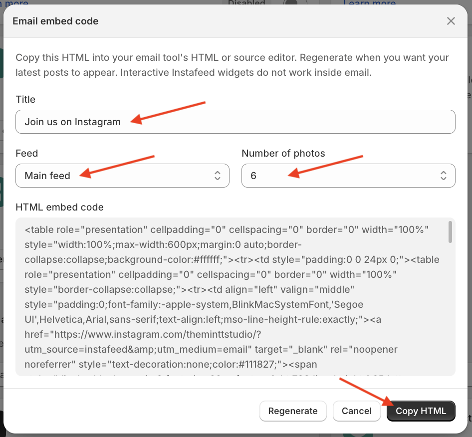 Mintt Instafeed app UI showing the email embed code pop-up, with red arrows pointing to the title, feed and number of photos fields, and the copy html button.