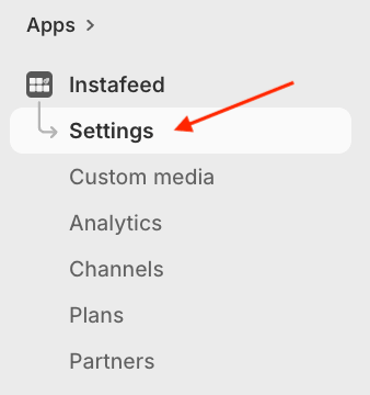 Instafeed app left menu on Shopify, with a red arrow pointing to Settings.
