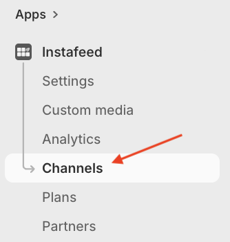 Mintt Instafeed Shopify app UI, showing a red arrow pointing to Channels on the app menu.