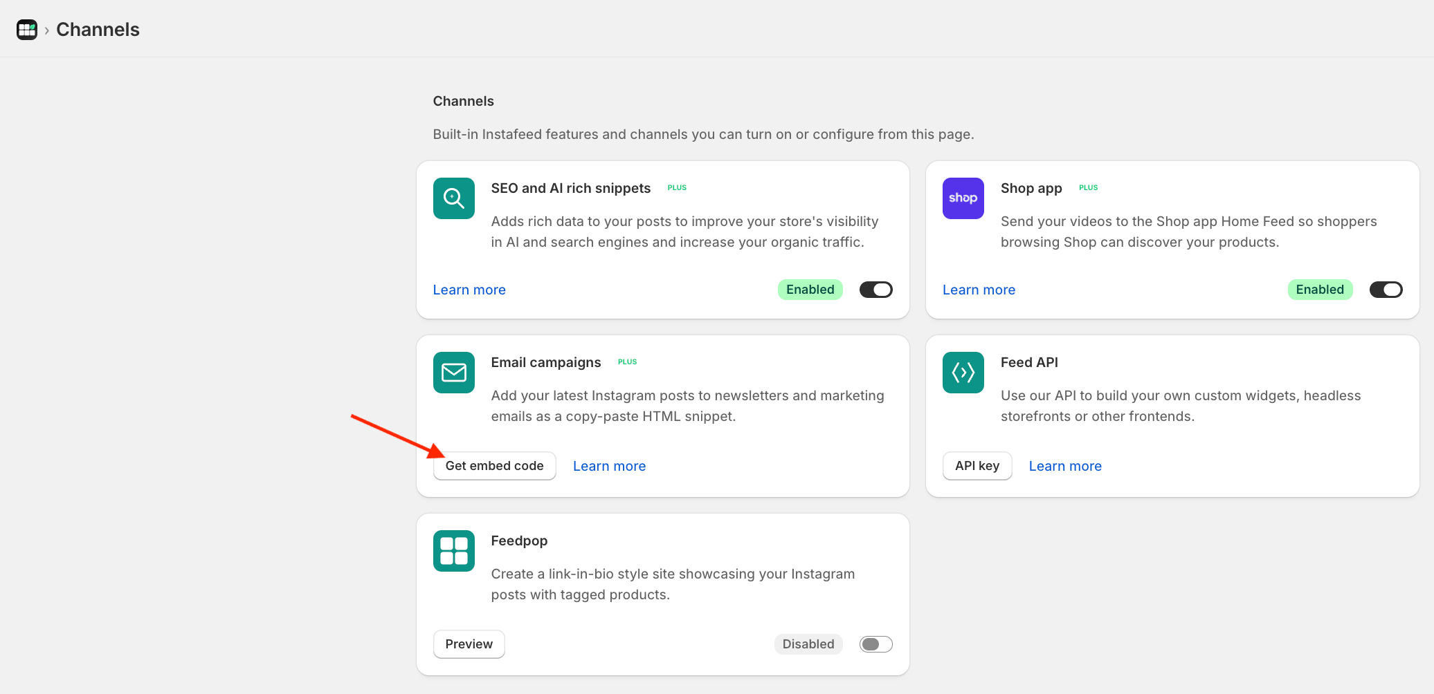 Mintt Instafeed Shopify app UI, showing a red arrow pointing to Get embed code.