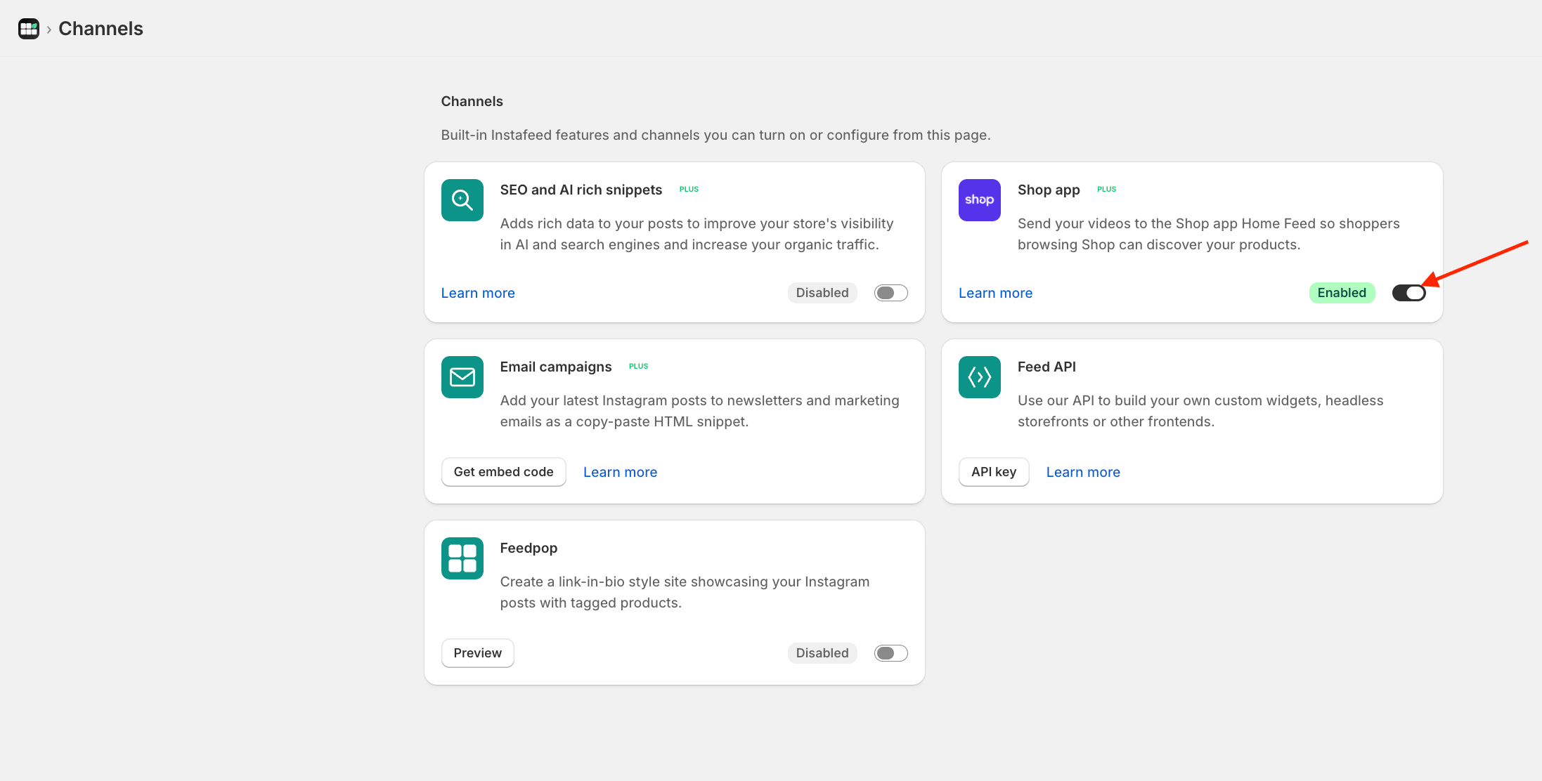 Mintt Instafeed Shopify app UI, showing a red arrow pointing to enable Shop app, under Channels.
