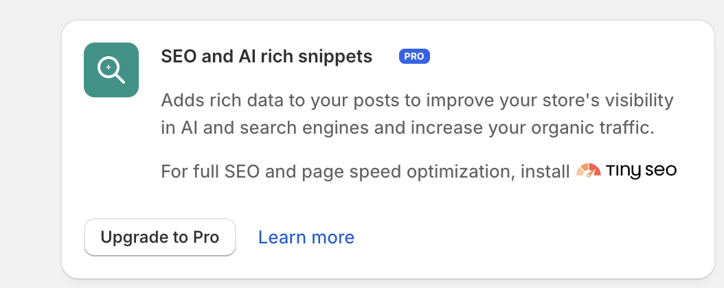Mintt Instafeed SEO and AI rich snippets card prompting to install TinySEO.