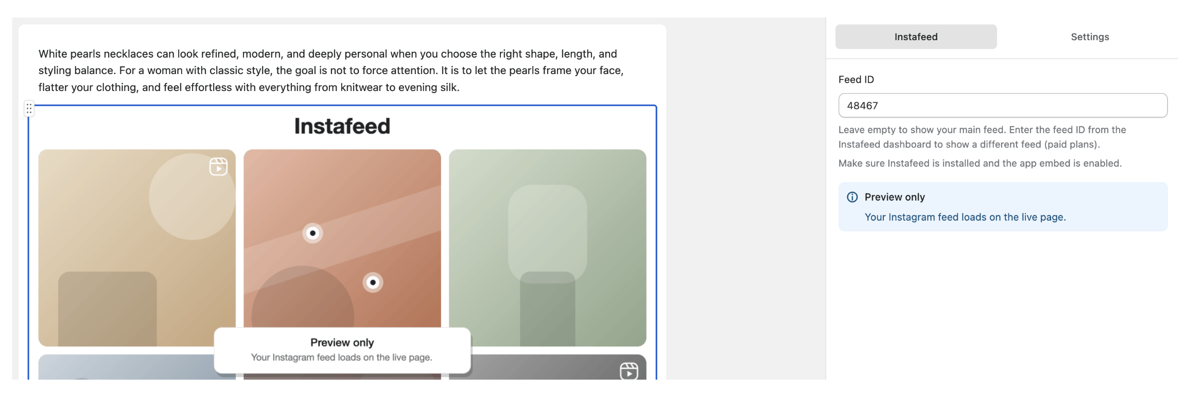 TinySEO blog builder showing the Instafeed block with a preview-only placeholder and Feed ID field.