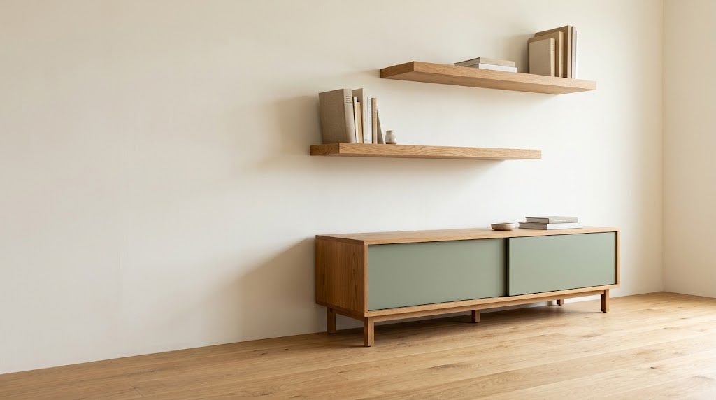 A minimalist living room wall featuring two staggered wooden floating planks above a low media console
