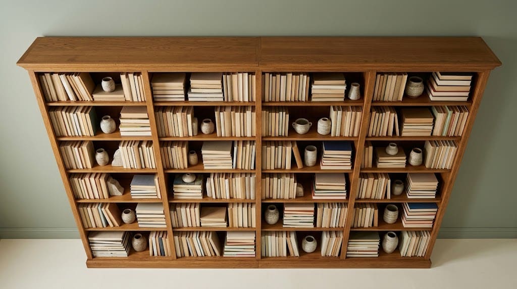 A tall wooden bookcase packed densely with hardcover books and small ceramic vases