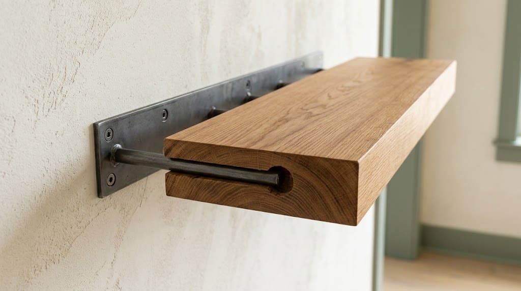 Close-up of a steel internal bracket mounted inside a raw wood floating shelf on a textured plaster wall