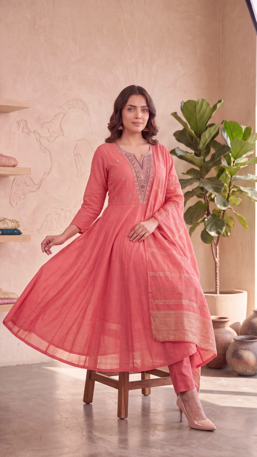 Elegant Peach Embroidered Kurti Pant Set thumbnail 3