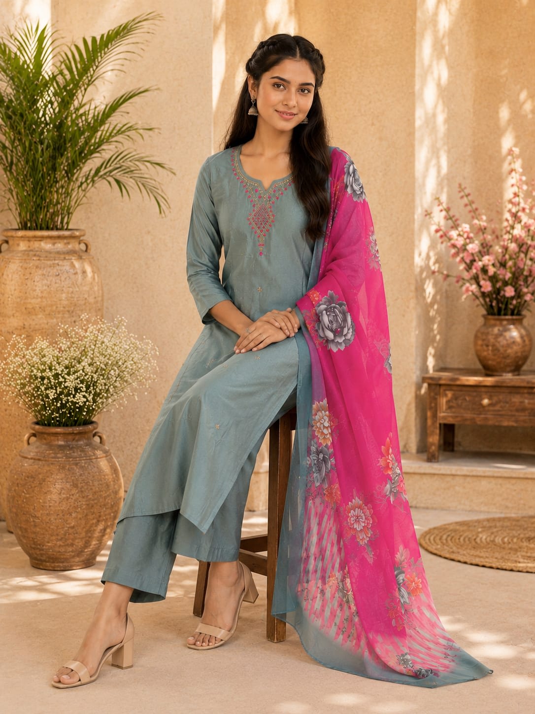 Elegant Embroidered Kurti Pant With Floral Dupatta Set – Dusty Blue