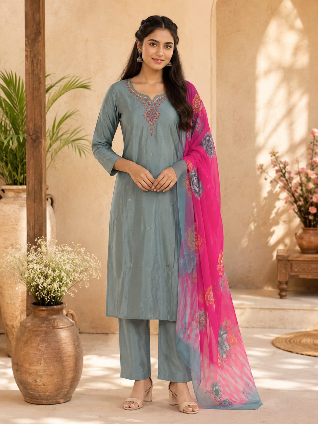 Elegant Embroidered Kurti Pant With Floral Dupatta Set – Dusty Blue thumbnail 2