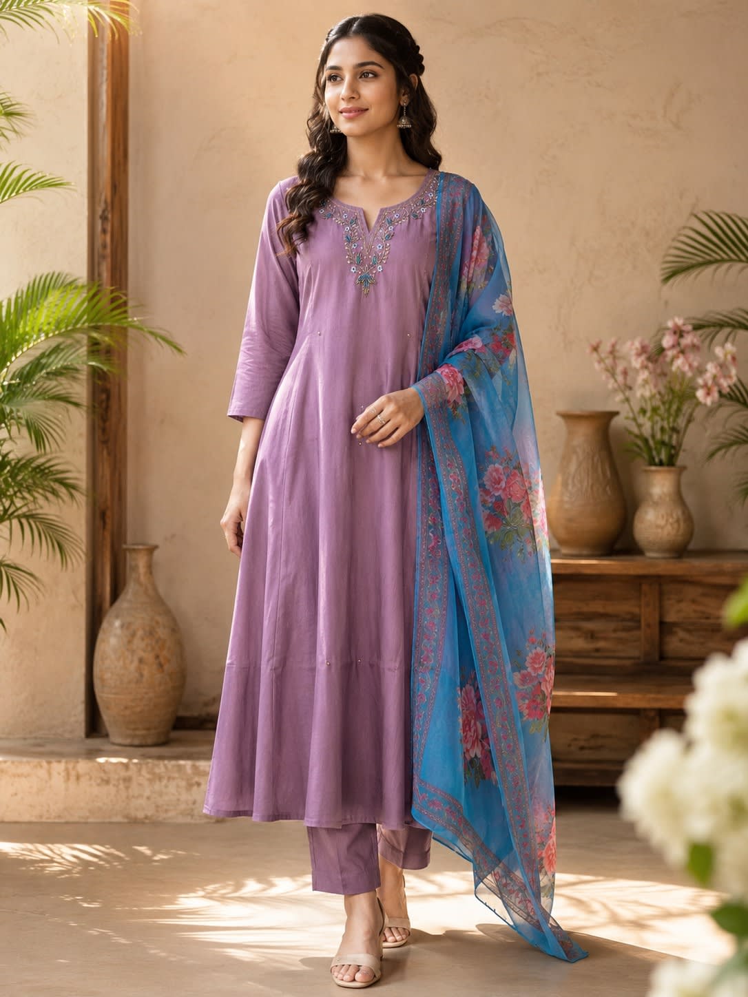 Elegant Lavender Embroidered Kurti Pant With Floral Blue Dupatta Set thumbnail 2