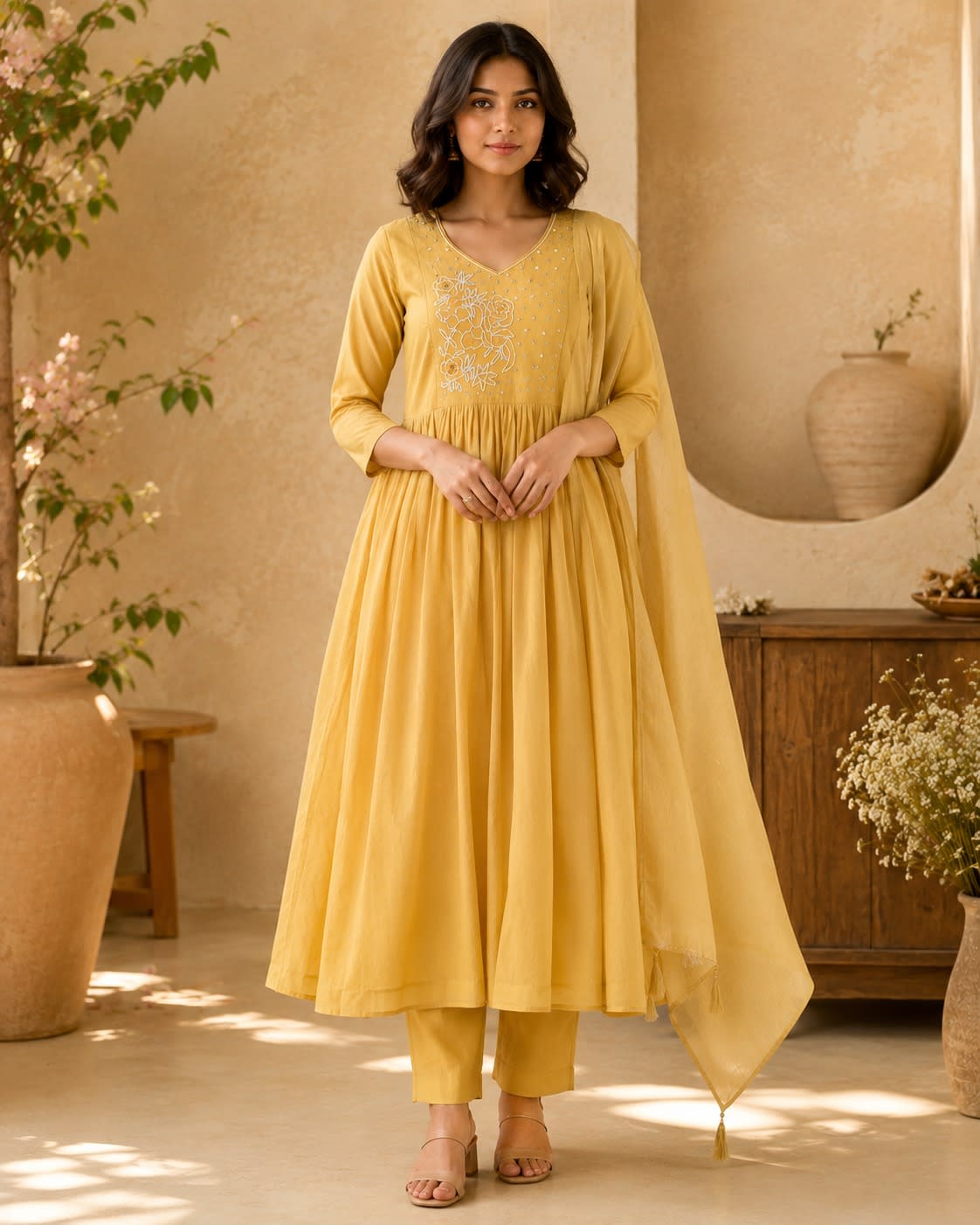 Elegant Mustard Yellow Anarkali Kurti Pant With Dupatta Set thumbnail 3