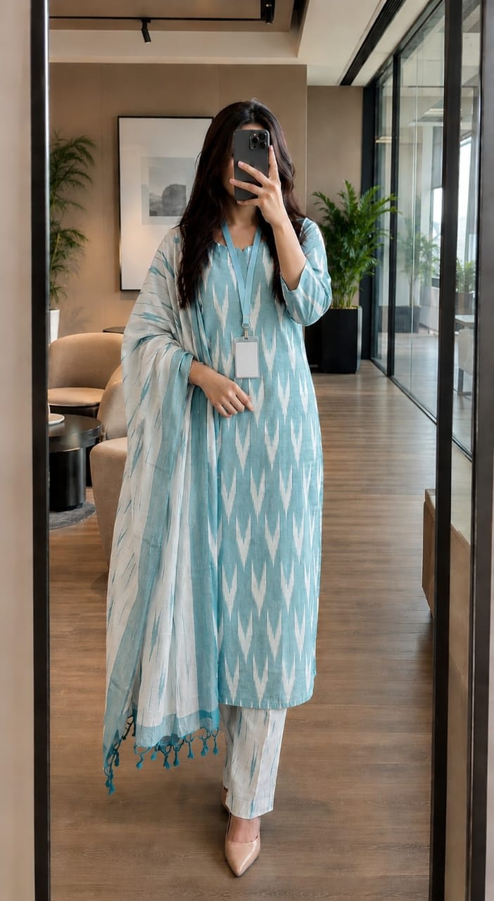 Ice Green Ikkat Cotton Kurta Set With Dupatta