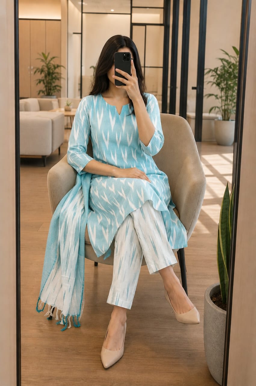Ice Green Ikkat Cotton Kurta Set With Dupatta thumbnail 3