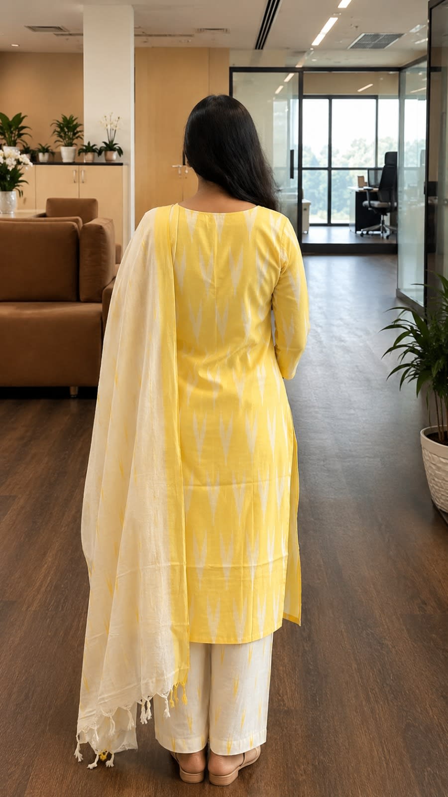 Sunshine Yellow Ikkat Cotton Kurta Set With Dupatta thumbnail 2