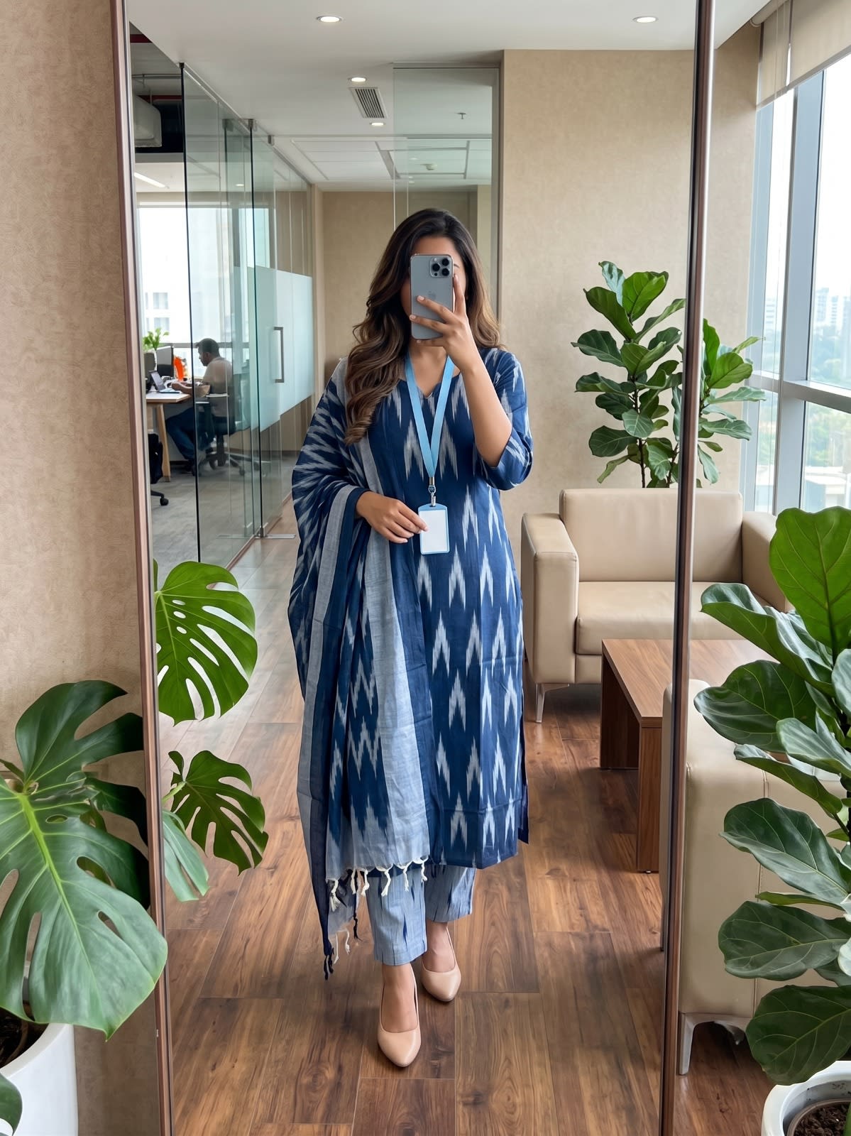 Navy Blue Ikkat Cotton Kurta Set With Dupatta