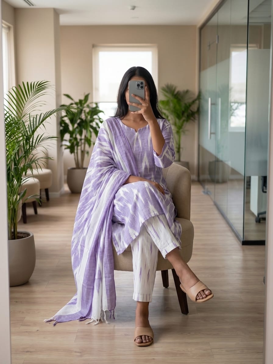 Lavender Ikkat Cotton Kurta Set With Dupatta thumbnail 3