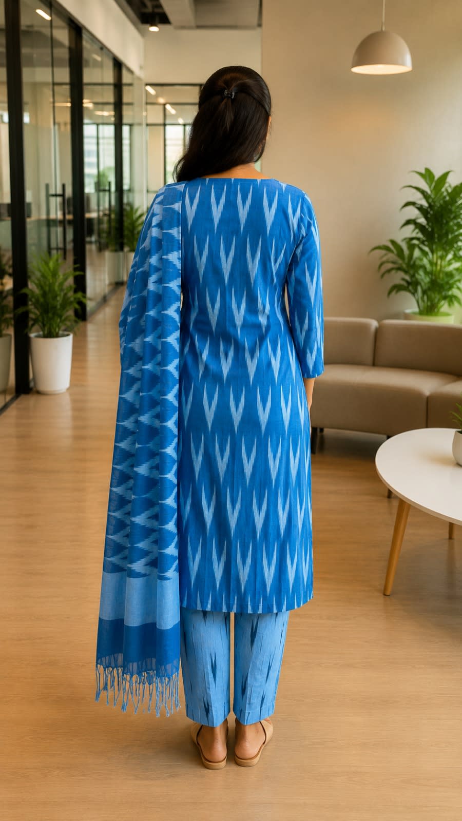 Blue Ikkat Cotton Kurta Set thumbnail 3