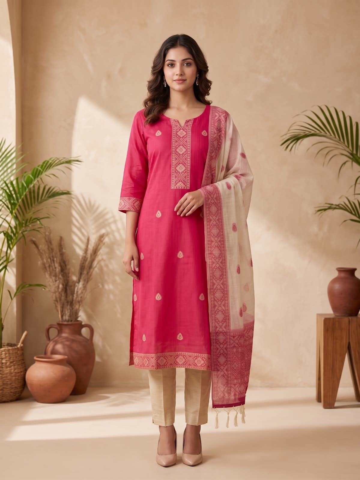Pink Embroidered Cotton Kurta Pant