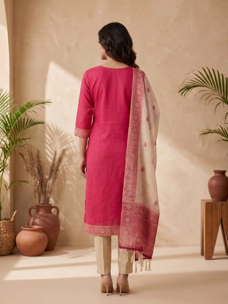 Pink Embroidered Cotton Kurta Pant thumbnail 3