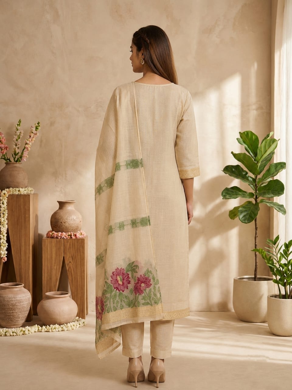 Beige Ethnic Cotton Kurta Set thumbnail 5