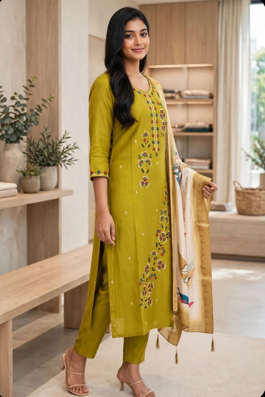 Olive Green Floral Embroidered Kurta Set thumbnail 2