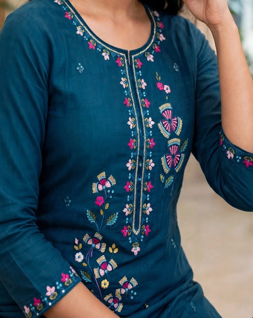 Blue Floral Embroidered Kurta Set thumbnail 5
