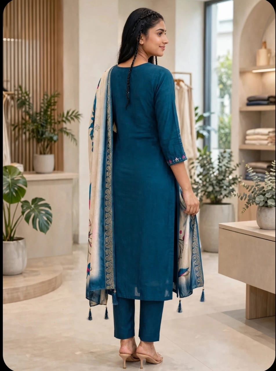 Blue Floral Embroidered Kurta Set thumbnail 3